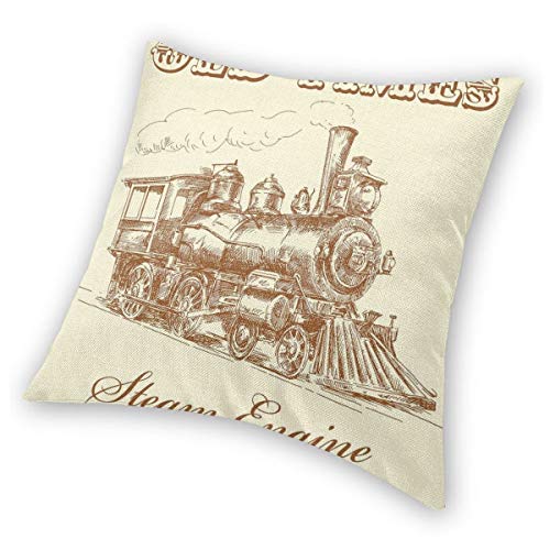 Fundas de almohada con estampado 3D, tren de los viejos tiempos, locomotora de época industrial de hierro dibujado a mano vintage, fundas de cojín cuadradas decorativas para sofá, decoración del hogar