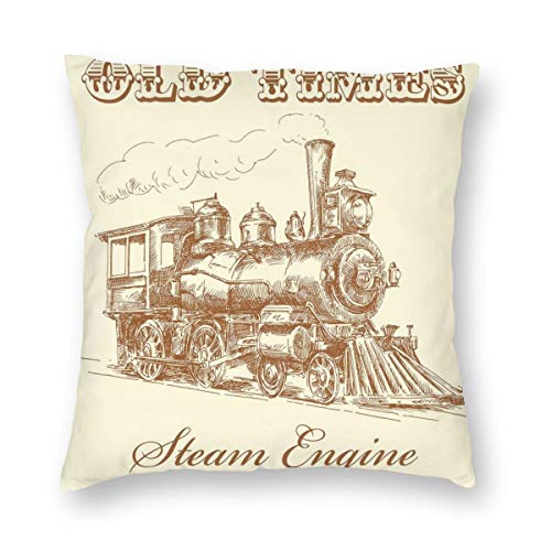 Fundas de almohada con estampado 3D, tren de los viejos tiempos, locomotora de época industrial de hierro dibujado a mano vintage, fundas de cojín cuadradas decorativas para sofá, decoración del hogar