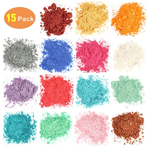 Funxim Pigmentos en Polvo 15pcs × 10g, Pigmentos para Resina Epoxi, Natural Mica Tintes para DIY Slime, Jabon, Pintauñas, Sombra de Ojos, Cera