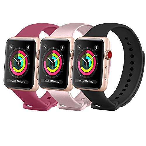 FUUI Correa Compatible con Apple Watch 38mm 42mm 40mm 44mm, Pulseras de Repuesto de Silicona Suave para iWatch Series 6 5 4 3 2 1, Mujer y Hombre(3 Pack)(42mm/44mm M/L, Oro Rosa/Vino Rojo/Negro)