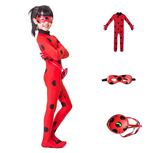 FZCRRDU KOCCAE Disfraz de Mariquita Milagrosa Para Niña Halloween Ladybug Viste a Cosplay Leotardo Bodysuit Con Lunares Niños Disfraz Heroína Super Bug Mariquita Niña Infantil Para Carnaval(M)