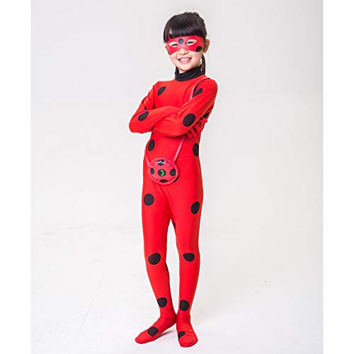 FZCRRDU KOCCAE Disfraz de Mariquita Milagrosa Para Niña Halloween Ladybug Viste a Cosplay Leotardo Bodysuit Con Lunares Niños Disfraz Heroína Super Bug Mariquita Niña Infantil Para Carnaval(M)