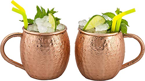 Gadgy ® Moscow Mule Taza Set 2 pzs. | Mula de Moscú Original 100% Cobre Puro Martillado Solido Jarra Hecho a Mano Oreja Soldada | 475 ml. | Cocktail Coctel Regalo