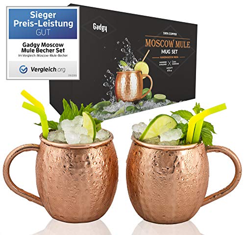 Gadgy ® Moscow Mule Taza Set 2 pzs. | Mula de Moscú Original 100% Cobre Puro Martillado Solido Jarra Hecho a Mano Oreja Soldada | 475 ml. | Cocktail Coctel Regalo