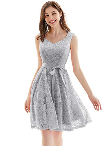 Gardenwed Elegante Una línea Sin Mangas Floral Encaje Corto Vestido De Fiesta Mujeres Cóctel Dama de Honor Fiesta Gris XL