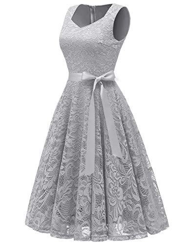 Gardenwed Elegante Una línea Sin Mangas Floral Encaje Corto Vestido De Fiesta Mujeres Cóctel Dama de Honor Fiesta Gris XL