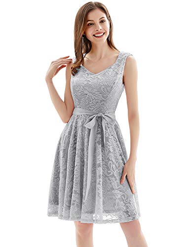 Gardenwed Elegante Una línea Sin Mangas Floral Encaje Corto Vestido De Fiesta Mujeres Cóctel Dama de Honor Fiesta Gris XL