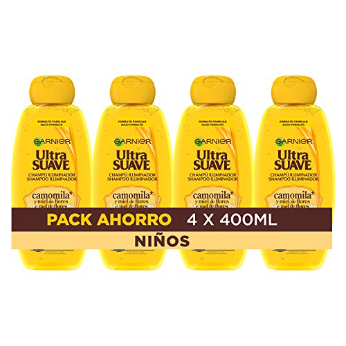 Garnier Ultra Suave Champú Iluminador con Camomila y Miel de Flores para Niños, Cabellos Claros y Rubios 400 ml - Pack de 4 x 400 ml