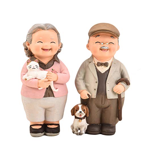 Garretlin - Juego de 2 figuras de dibujos animados para parejas antiguas de resina para decoración del hogar, sala de estar, vino, decoración de tartas, regalo de cumpleaños, talla L