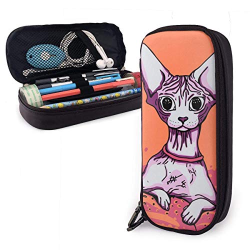 Gato sin pelo Naranja Divertido Temático Escuela Estuche para lápices Funda para oficina Bolígrafo Caja de cremallera Conjunto de bolsa Pu Cuero Zip para niñas Niño Accesorios