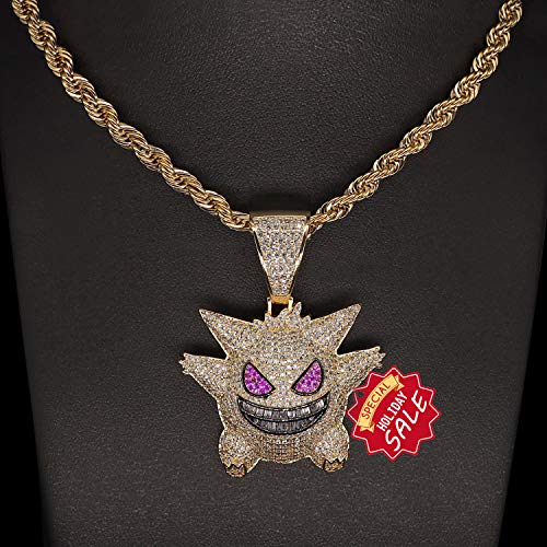 Gengar Collar con Cadena Regalos Colgante de Diamantes Pokémon Baño de Oro Tipico Colgante de Killy Hielo Fuera Medallón de Hip Hop Cadena de Cuerda de 24 Pulgada + Caja Clásico + Paño de Microfibra