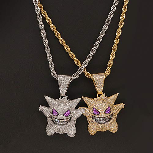 Gengar Collar con Cadena Regalos Colgante de Diamantes Pokémon Baño de Oro Tipico Colgante de Killy Hielo Fuera Medallón de Hip Hop Cadena de Cuerda de 24 Pulgada + Caja Clásico + Paño de Microfibra