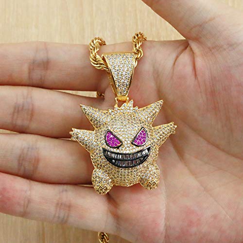 Gengar Collar con Cadena Regalos Colgante de Diamantes Pokémon Baño de Oro Tipico Colgante de Killy Hielo Fuera Medallón de Hip Hop Cadena de Cuerda de 24 Pulgada + Caja Clásico + Paño de Microfibra