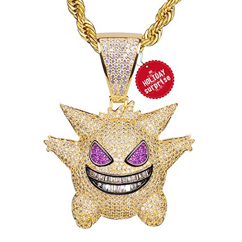 Gengar Collar con Cadena Regalos Colgante de Diamantes Pokémon Baño de Oro Tipico Colgante de Killy Hielo Fuera Medallón de Hip Hop Cadena de Cuerda de 24 Pulgada + Caja Clásico + Paño de Microfibra