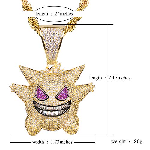 Gengar Collar con Cadena Regalos Colgante de Diamantes Pokémon Baño de Oro Tipico Colgante de Killy Hielo Fuera Medallón de Hip Hop Cadena de Cuerda de 24 Pulgada + Caja Clásico + Paño de Microfibra