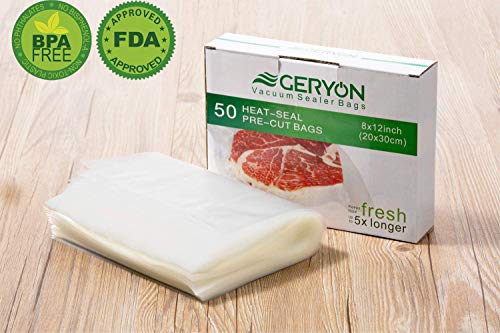 Geryon - Bolsas de envasado al vacío precortadas para alimentos, tamaño 20 x 30 cm para Food Saver & Sous Vide Cooking, 50 Count