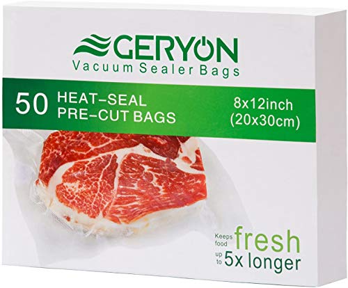 Geryon - Bolsas de envasado al vacío precortadas para alimentos, tamaño 20 x 30 cm para Food Saver & Sous Vide Cooking, 50 Count