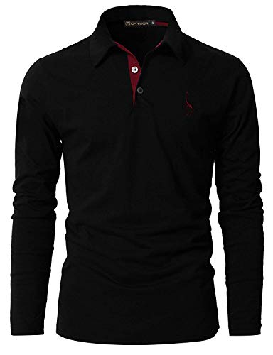 GHYUGR Polo Manga Larga Hombre Algodón Negocios Elegante Bordado de Ciervo Golf Tennis Otoño Invierno Poloshirt Camisas,Negro,L