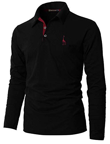 GHYUGR Polo Manga Larga Hombre Algodón Negocios Elegante Bordado de Ciervo Golf Tennis Otoño Invierno Poloshirt Camisas,Negro,L