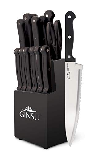 Ginsu® Set de 14 Piezas Gourmet KISO™, Cuchillos de Acero Inoxidable Japonés, con Mango de Color Negro, aptos para lavavajillas y Bloque Negro de Madera