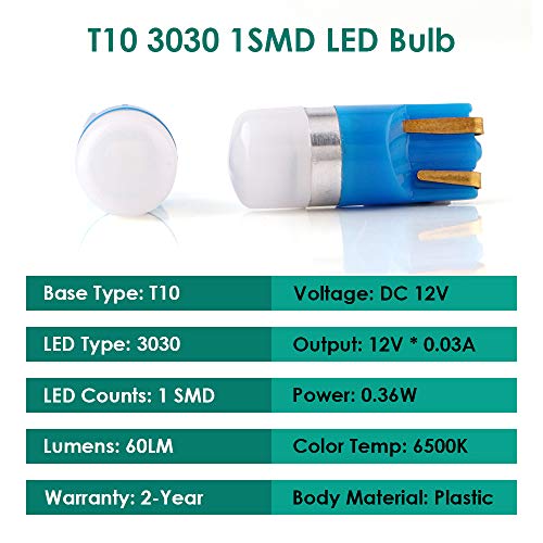 GLL T10 501 Bombillas LED Azul W5W 194 168 Bombillas Sin Tapa con Cuña T10 3030-1SMD Para el Interior del Automóvil Luz de Techo Luz del Salpicadero Luz Lateral de la Matrícula del Maletero