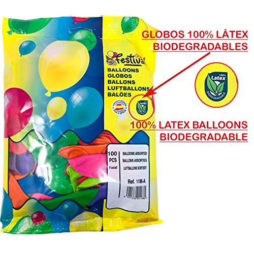 Globos Festival 100 unidades Globos de látex Colores Surtidos 20cm / 8" Biodegradable Fabricado en España