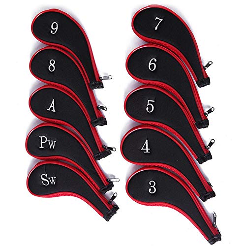 Gobesty Golf Clubs Iron Head Covers, 3-9 A/SW/PW Número impresión Golf hierro cubiertas con cremallera cuello largo proteger funda, rojo