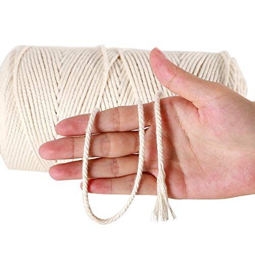 GoMaihe Macrame Cord 3mm x 850 ft, 4-Strand Twisted Soft Unstained Cotton Rope for Plant Hanger Wall Hanging Knitting Craft Beginners, Home Bedroom Living Room Decorations, Beige