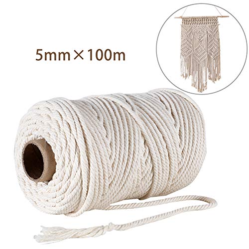 GoMaihe Macrame Cuerda, 5mm x 100m Cordón Hilo de Algodón Natural Colgante de Pared de Macramé, Bricolaje Artesanía Colgante de Pared Colgador de Planta Tejido Cordón Tejer Decoración Envolver, Beige