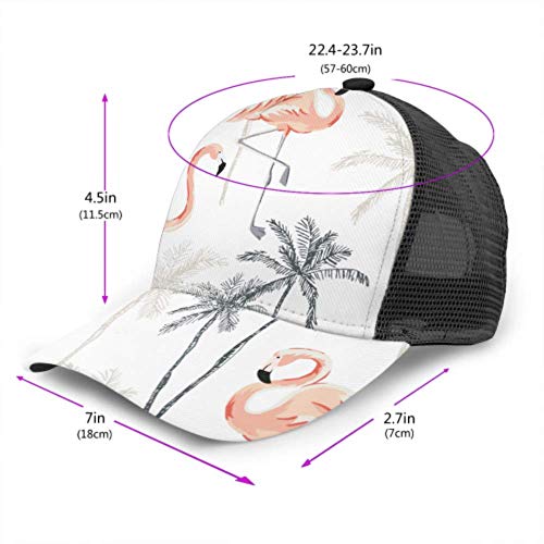 Gorra de béisbol Hombres Mujeres, Tropical Pink Flamingo Birds Palm Trees Ajustable Trucker Mesh Summer Vented Baseball Sun Cap Sombrero Sombrero Lavadora para Gorras de béisbol