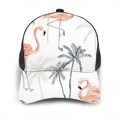 Gorra de béisbol Hombres Mujeres, Tropical Pink Flamingo Birds Palm Trees Ajustable Trucker Mesh Summer Vented Baseball Sun Cap Sombrero Sombrero Lavadora para Gorras de béisbol