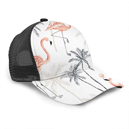 Gorra de béisbol Hombres Mujeres, Tropical Pink Flamingo Birds Palm Trees Ajustable Trucker Mesh Summer Vented Baseball Sun Cap Sombrero Sombrero Lavadora para Gorras de béisbol