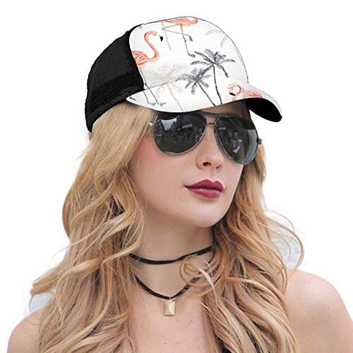 Gorra de béisbol Hombres Mujeres, Tropical Pink Flamingo Birds Palm Trees Ajustable Trucker Mesh Summer Vented Baseball Sun Cap Sombrero Sombrero Lavadora para Gorras de béisbol