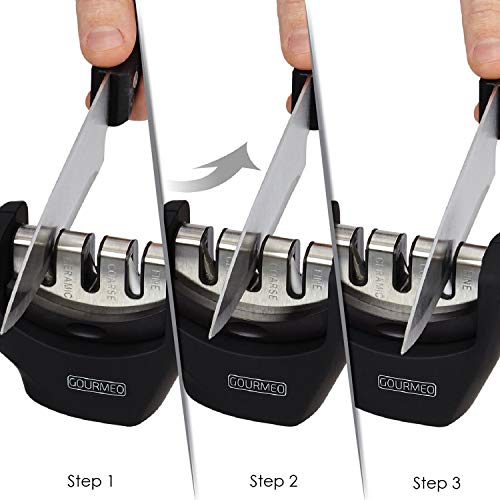 GOURMEO afilador de cuchillos profesional en 3 pasos para cuchillos de acero y cerámica de corte recto, todos los tamaños, diseño ergonómico | chaira, knife sharpener