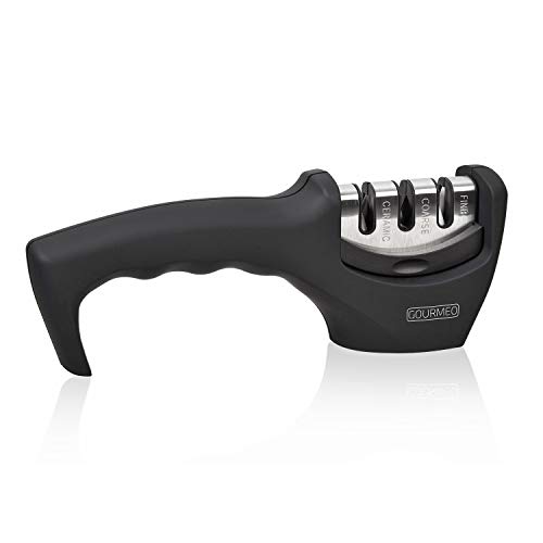 GOURMEO afilador de cuchillos profesional en 3 pasos para cuchillos de acero y cerámica de corte recto, todos los tamaños, diseño ergonómico | chaira, knife sharpener