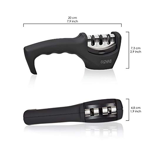 GOURMEO afilador de cuchillos profesional en 3 pasos para cuchillos de acero y cerámica de corte recto, todos los tamaños, diseño ergonómico | chaira, knife sharpener