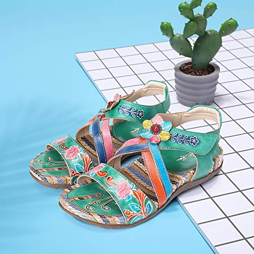 gracosy Sandalias Cuero Planas Verano Mujer Estilo Bohemia Zapatos para Mujer de Dedo Sandalias Talla Grande 37-42 Chanclas Romanas de Mujer Café Naranja Hecho a Mano Los Zapatos 2019