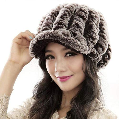 Grea Moda de Invierno Mujer Piel de Conejo Rex Sombrero Hecho Punto Hecho a Mano Gorras caseras Head Lady Headgear-B, Talla única