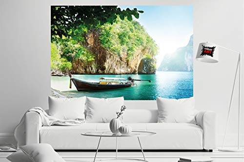 GREAT ART Foto Mural de Barco Pescador Tailandia Playa Paraiso Naturaleza 210 x 140 cm - Papel Pintado 5 Piezas incluye Pasta para pegar