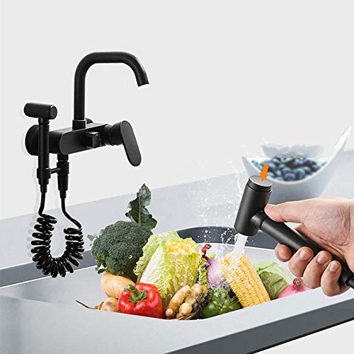 grifo cocina pared pistola rociador grifo cocina extraibletodo de cobre, grifo de válvula de agua fría y caliente, doble orificio doble orificio,grifos de cocina fregadero lavadero-Negro