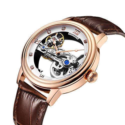 Guanqin Reloj de Pulsera mecánico automático analógico con Mecanismo de Esqueleto Luminoso para Hombre con Correa de Piel