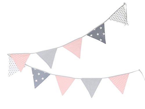Guirnalda de banderines de ULLENBOOM ® con rosa gris (guirnalda de tela: 3,25 m; 10 banderines; decoración para la habitación de los niños; fiestas de bienvenida para bebés)