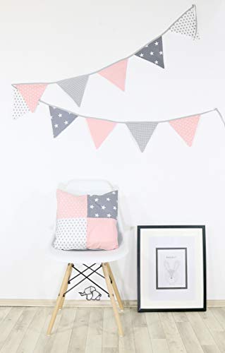 Guirnalda de banderines de ULLENBOOM ® con rosa gris (guirnalda de tela: 3,25 m; 10 banderines; decoración para la habitación de los niños; fiestas de bienvenida para bebés)