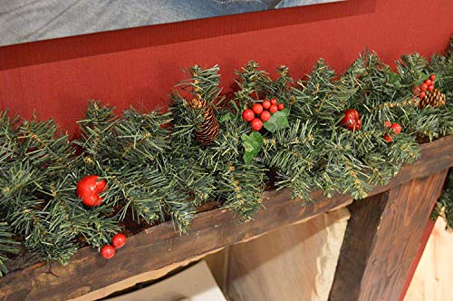 Guirnalda de Navidad para escaleras de chimenea, guirnaldas de Navidad, decoraciones con diseño de bayas rojas, conos de pino y árbol de Navidad, 2,7 m