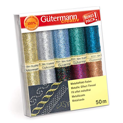 Gutermann Juego de hilos de coser: hilo de efecto metálico, Colores variados, 10 x 50m