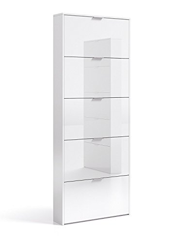 Habitdesign 007815BO - Zapatero con 5 Puertas, Mueble Zapatero Estrecho Dormitorio,Capacidad 15 Pares, Color Blanco Brillo, Medidas: 70 x 180 x 17 cm de Fondo