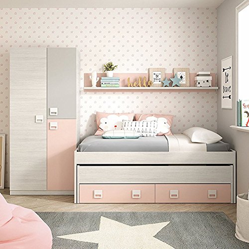 Habitdesign 0M7449Y - Cama Doble + 2 cajones y un Estante, Acabado en Blanco Alpes y Rosa Pastel, Medidas: 199 cm (Largo) x 96 cm (Ancho) x 69 cm (Alto)