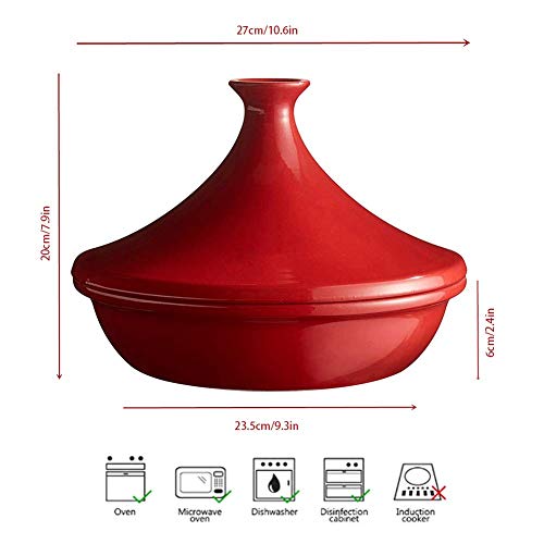 H.aetn Cooking Tagine Olla Tagine Mediana sin Plomo con Tapa cocción y configuraciones de Temperatura Compatible con Todas Las Estufas, Rojo