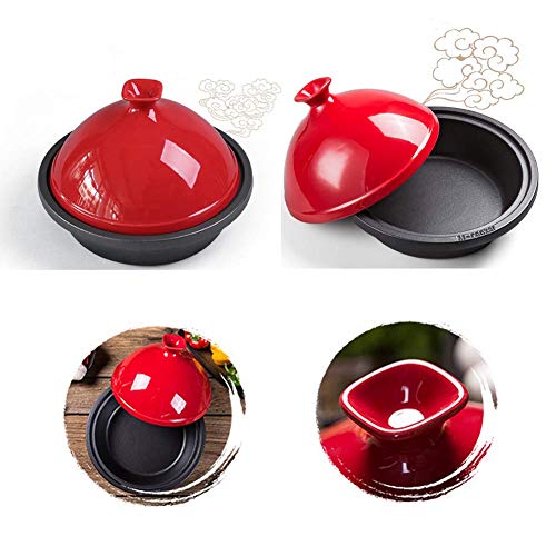 H.aetn Cooking Tagine Tangine de Hierro Fundido esmaltado sin Plomo Mediano con Tapa de cerámica cocción y configuraciones de Temperatura, Rojo