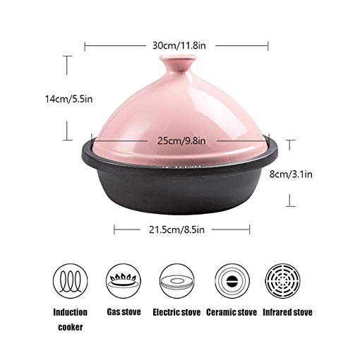 H.aetn Tagine Olla de Cocina de Hierro Fundido Tajine Cooking con Base de Hierro Fundido esmaltado y Tapa de cerámica Resistente al Calor, Compatible con Todas Las Estufas, Rosa